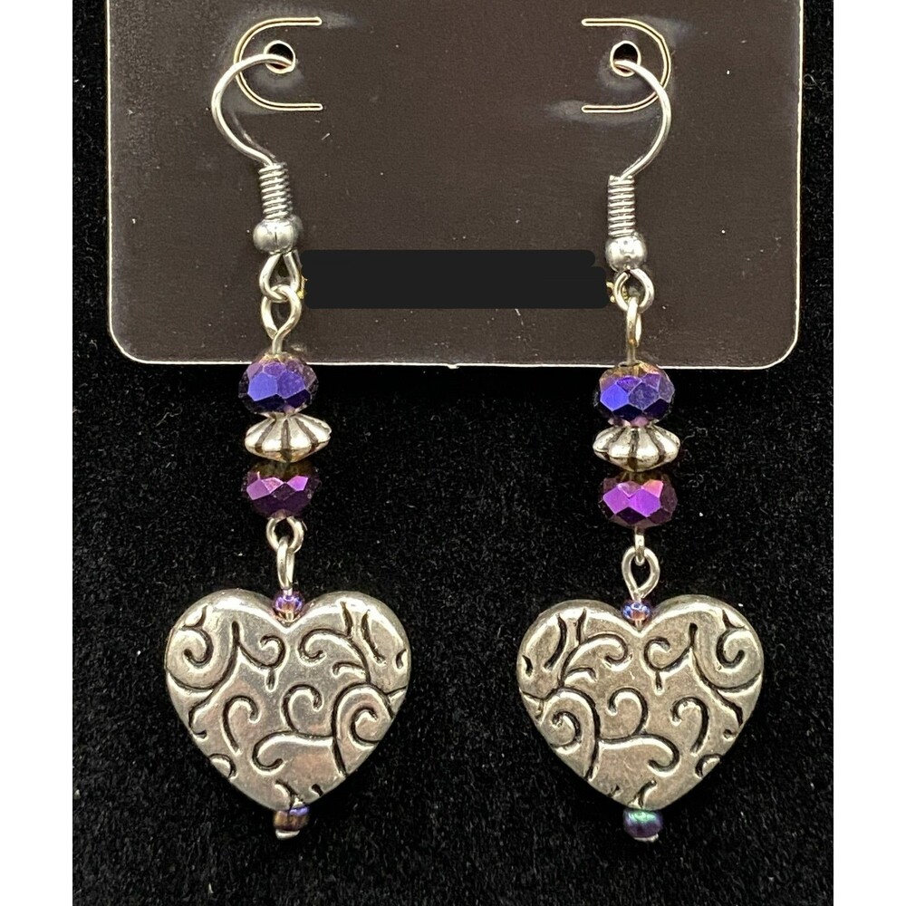 Handmade Metal Heart & Purple Oil Slick Crystal Bead Earrings by Neanie-Bot